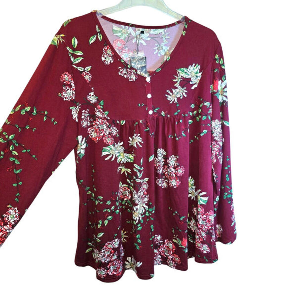 Floral Tunic Baby Doll Henley Top Empire Waist Sz 14 W Plus Burgundy Red Flare - Picture 2 of 12